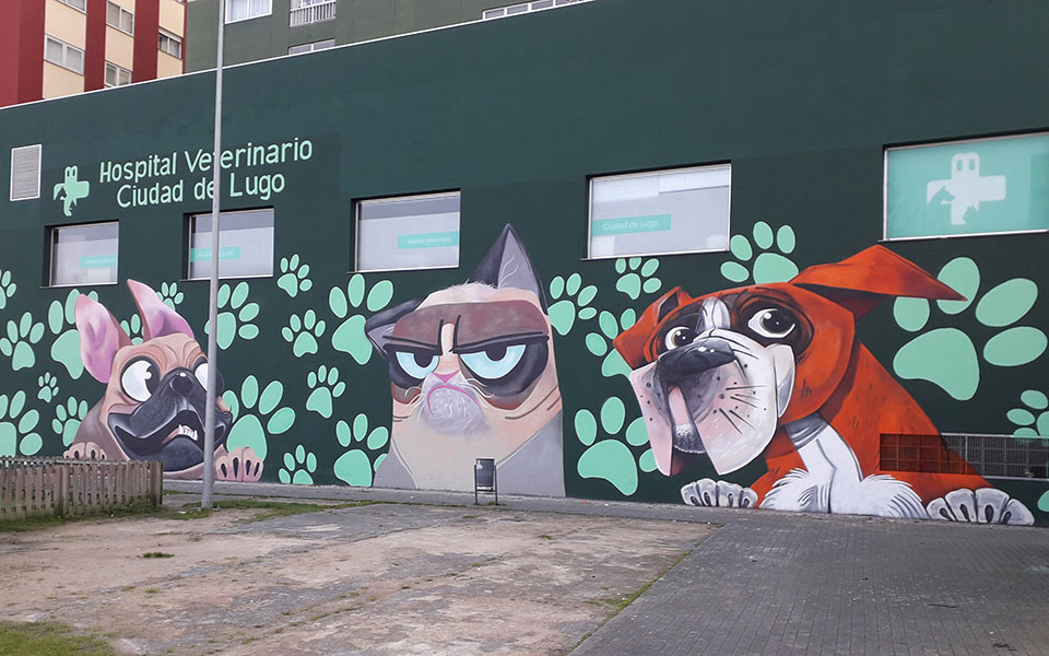 Graffiti de dos perros y un gato para el Hospital Veterinario Ciudad de Lugo