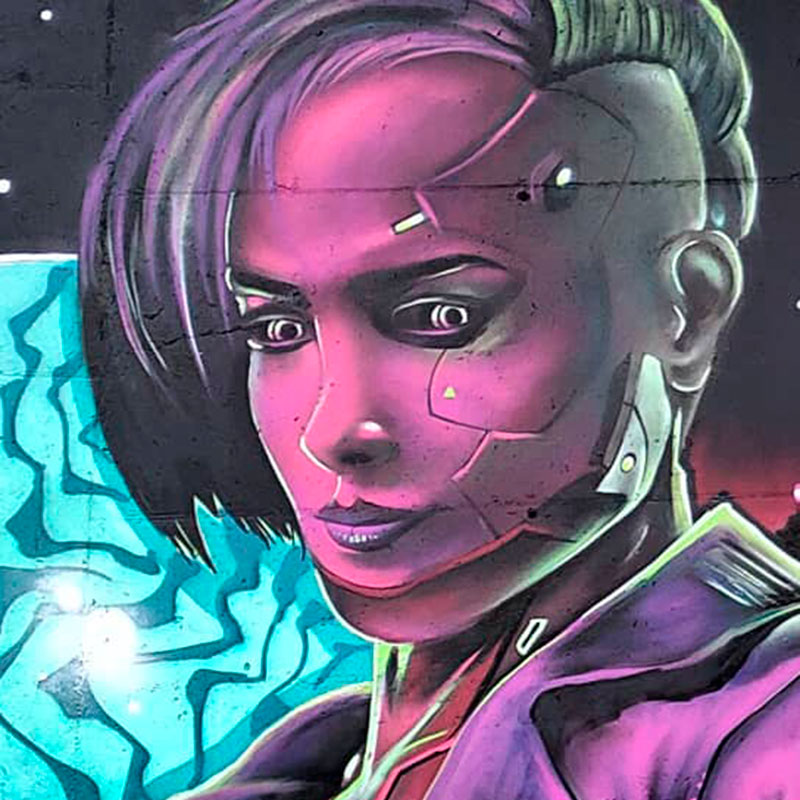 Graffiti de una chica del futuro medio cyborg